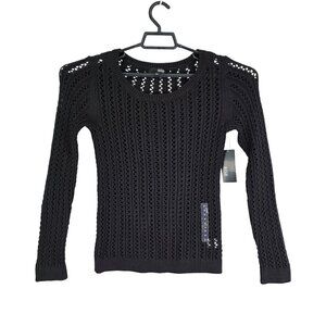Womens Black a.n.a Open Knit Mesh Sweater Round Neck Long Sleeve Size S